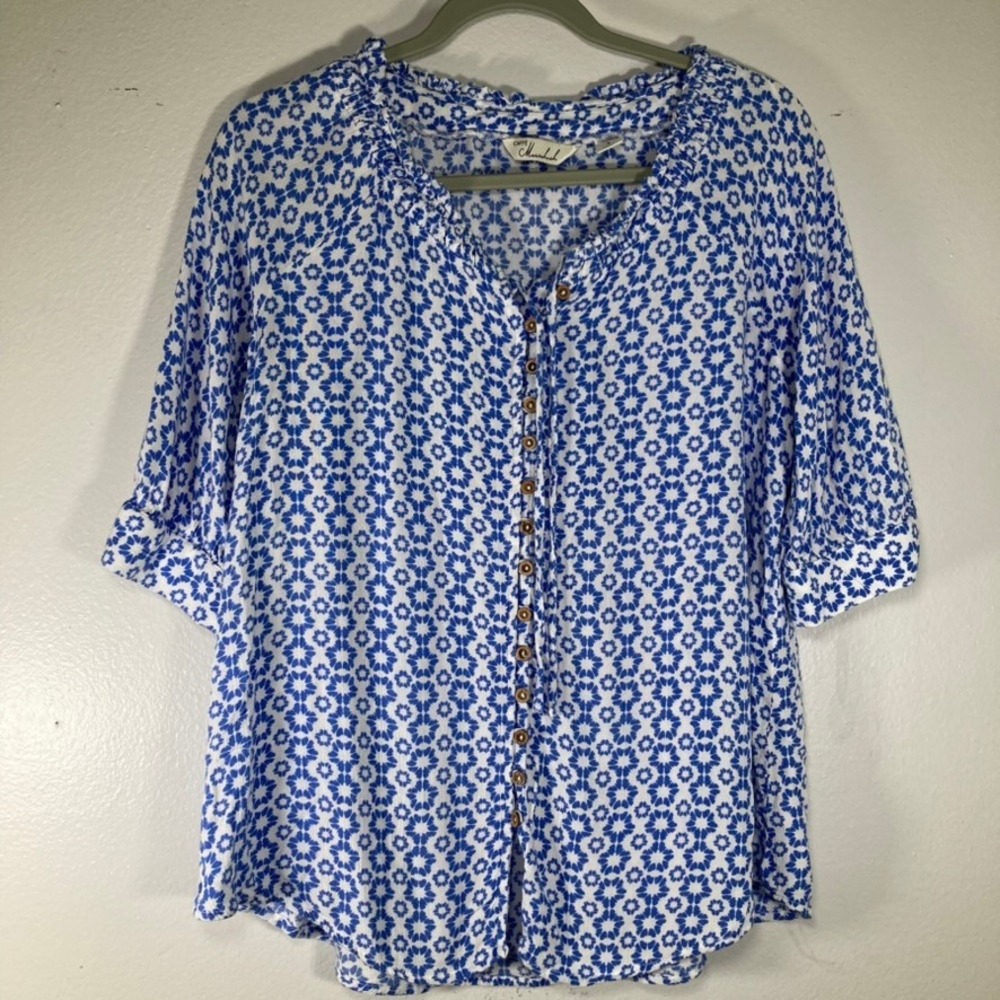 Caffe Marrakesh Blue White Geometric Floral Button Front Ruffle Blouse Small